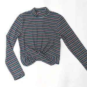 Striped Rib Knit Mock Neck Cropped Tee Ribbed T L